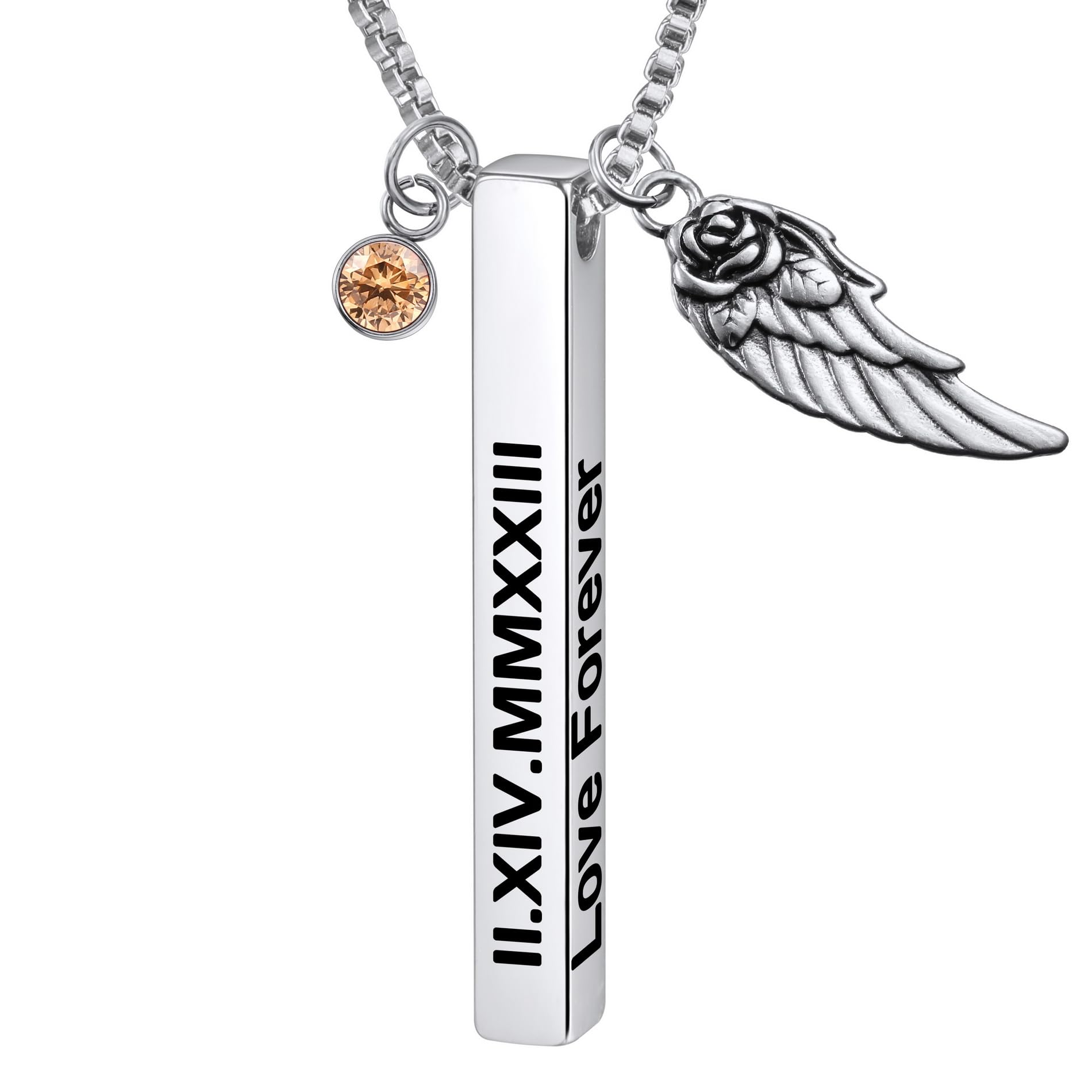 OTXIXTOPersonalizada de Acero Inoxidable Vertical Barra Colgante Collar Grabado Inicial Nombres/Fechas/Textos con Piedra de Nacimiento Ala Cumpleaños Regalo para Hombres Padre Novio