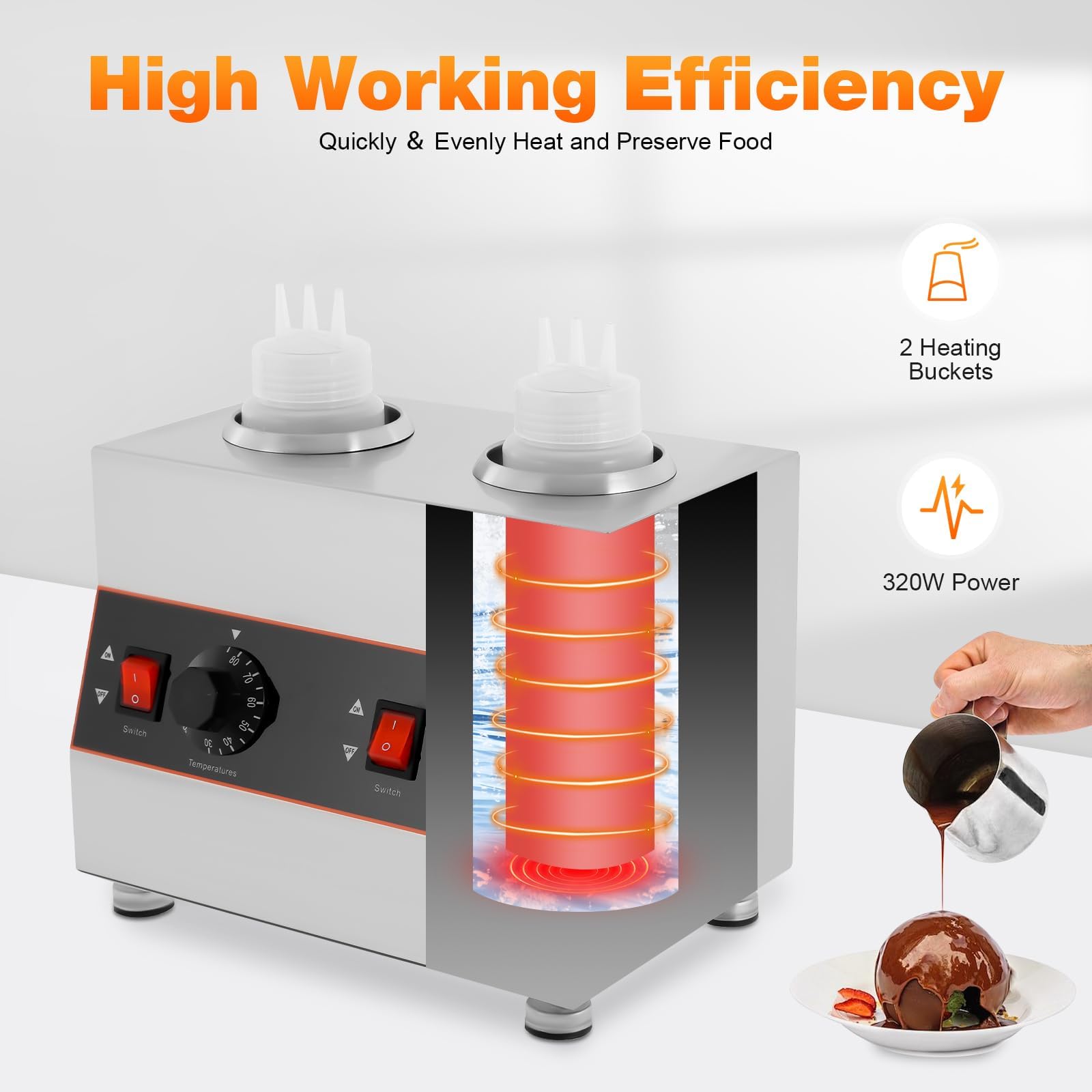 Dispensador eléctrico comercial de salsa, calentador de alimentos de acero inoxidable con temperatura ajustable de 30 a 85 °C, para queso nacho, dulce caliente, caramelo, 4 botellas
