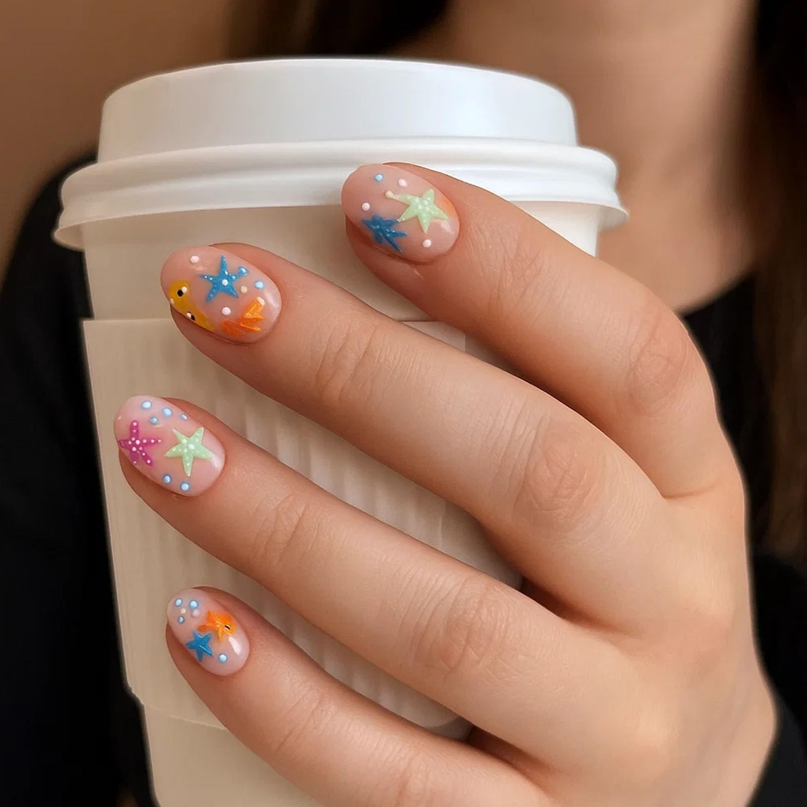 Transparent Blue Ocean Theme Oval False Nails with Colourful Starfish Fish & Glitter