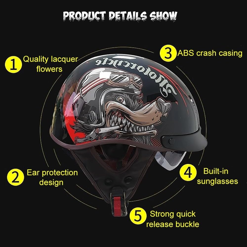 Retrò Mezzo Casco, Adulto Uomini Donne Stile Tedesco Casco a Faccia Aperta, Personalità Harley Caschi Motociclisti, ECE/DOT Certificato, per Scooter Incrociatore Chopper Moto