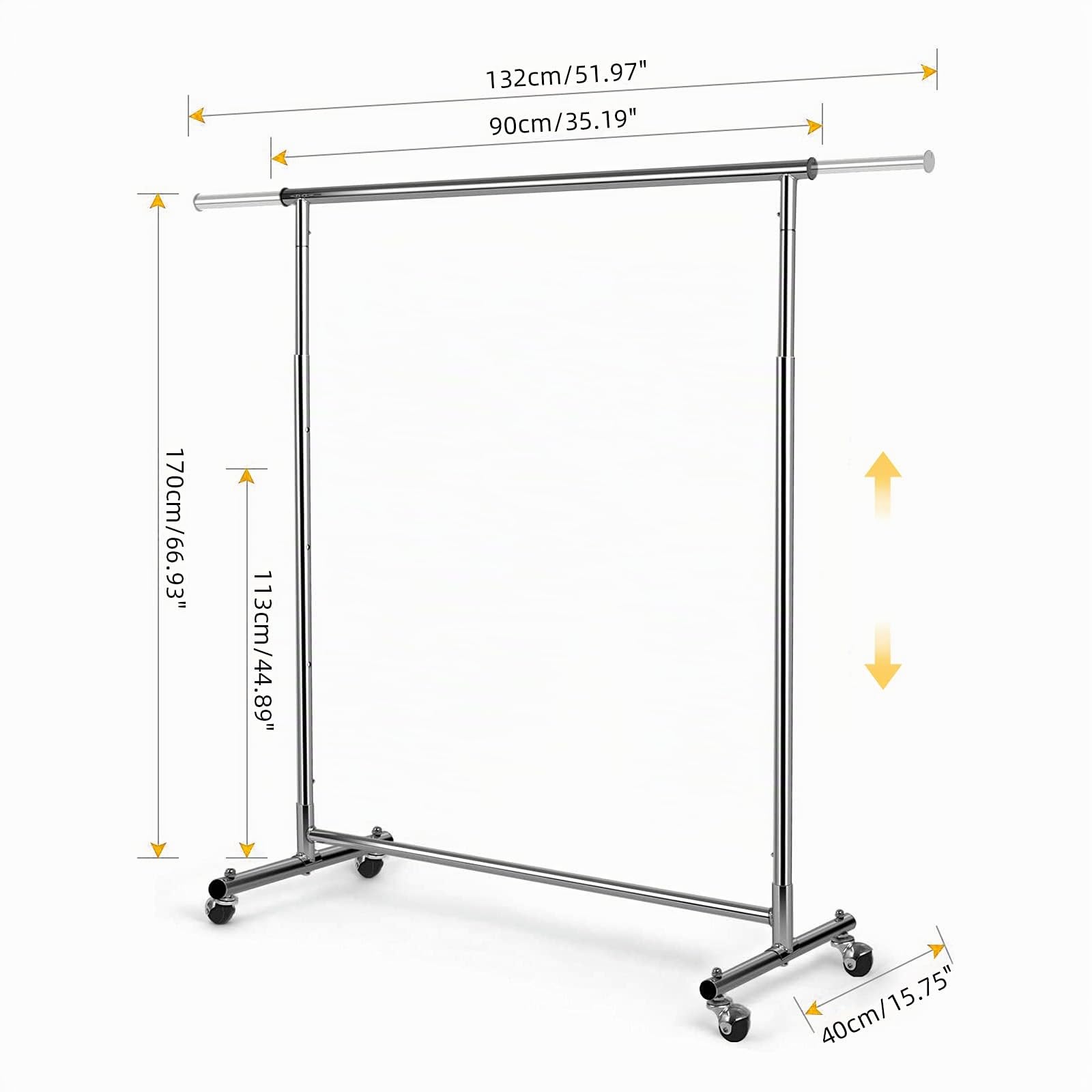 VOWNER Perchero con Ruedas, Cromado, para Colgar Ropa, Altura Ajustable y Extensible, (90-132) x 40 x 113-170 cm