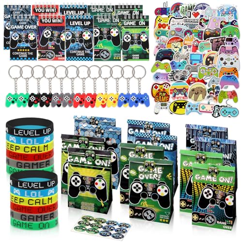 96 piezas de videojuegos fiesta obsequios para cumpleaños infantiles con pegatinas de Doodle, bolsa de azúcar de dibujos animados, pulsera de silicona, mini cuaderno y llavero, relleno de bolsillo