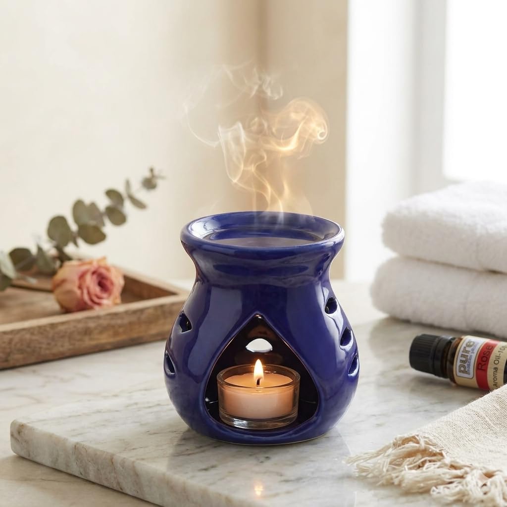 Pure Source India Ceramic Clay Candle Operated Aroma Burner|Oil Diffuser Coming with 1 Tea Candle (Blue ; 8.5 Cm)