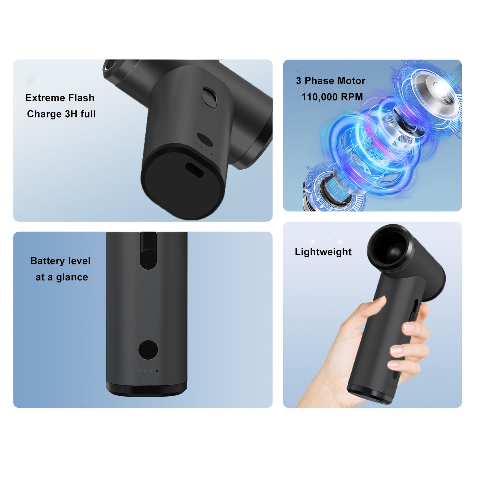 J01 Soplador de Aire Recargable Inalámbrico Portátil USB 110000 RPM Velocidad Ajustable Velocidad del Viento sin Escobillas Mini Plumero de Aire Eléctrico para Teclado de Coche