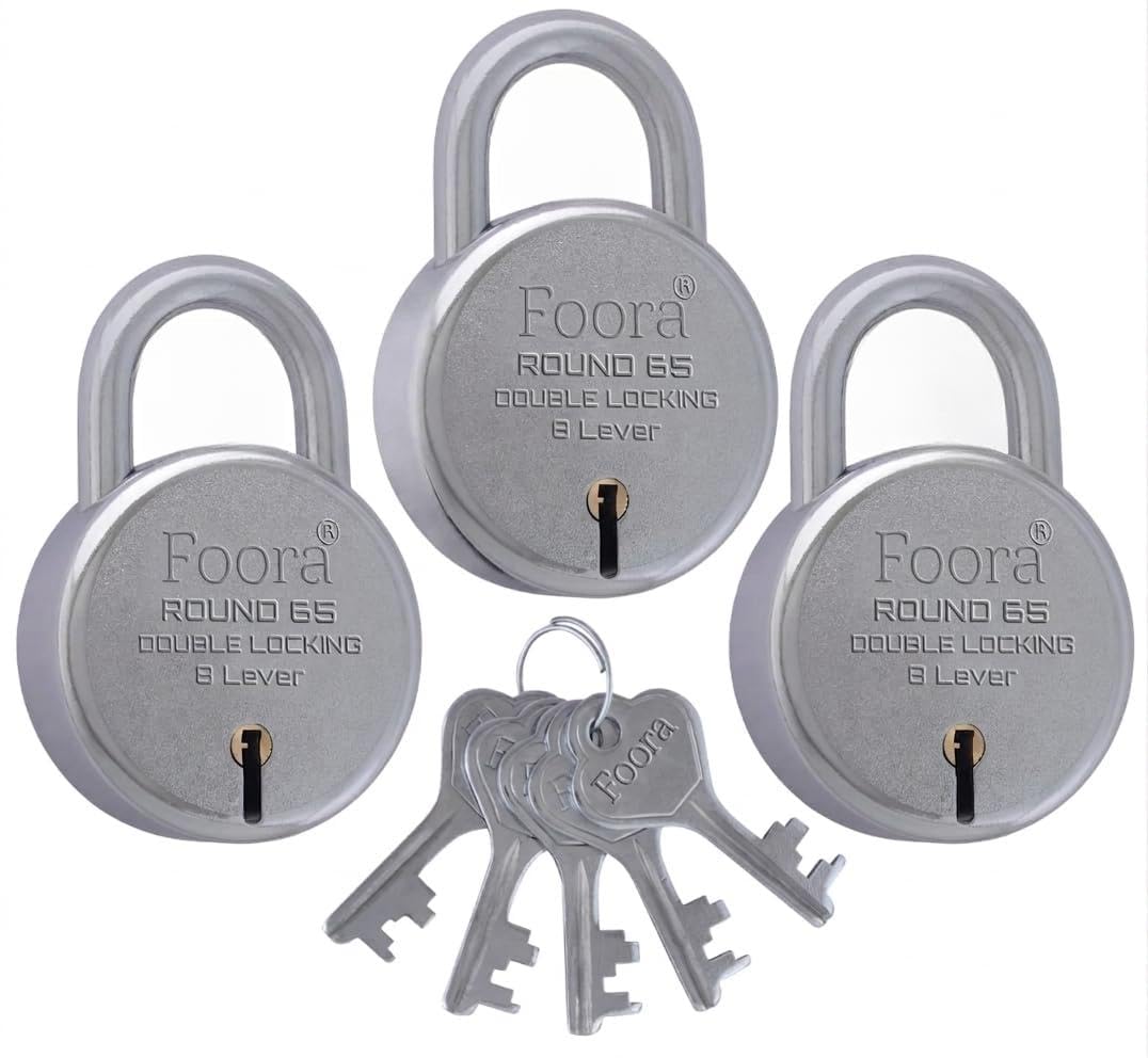 Foora Lock and Key, Door Lock for Home, Shop Same Key for Multiple Lock with Key Chain and 5 Same Key Lock Set, Common Key Lock Set of 3 Silver Finish (Same Key Lock Round 65)-image-35