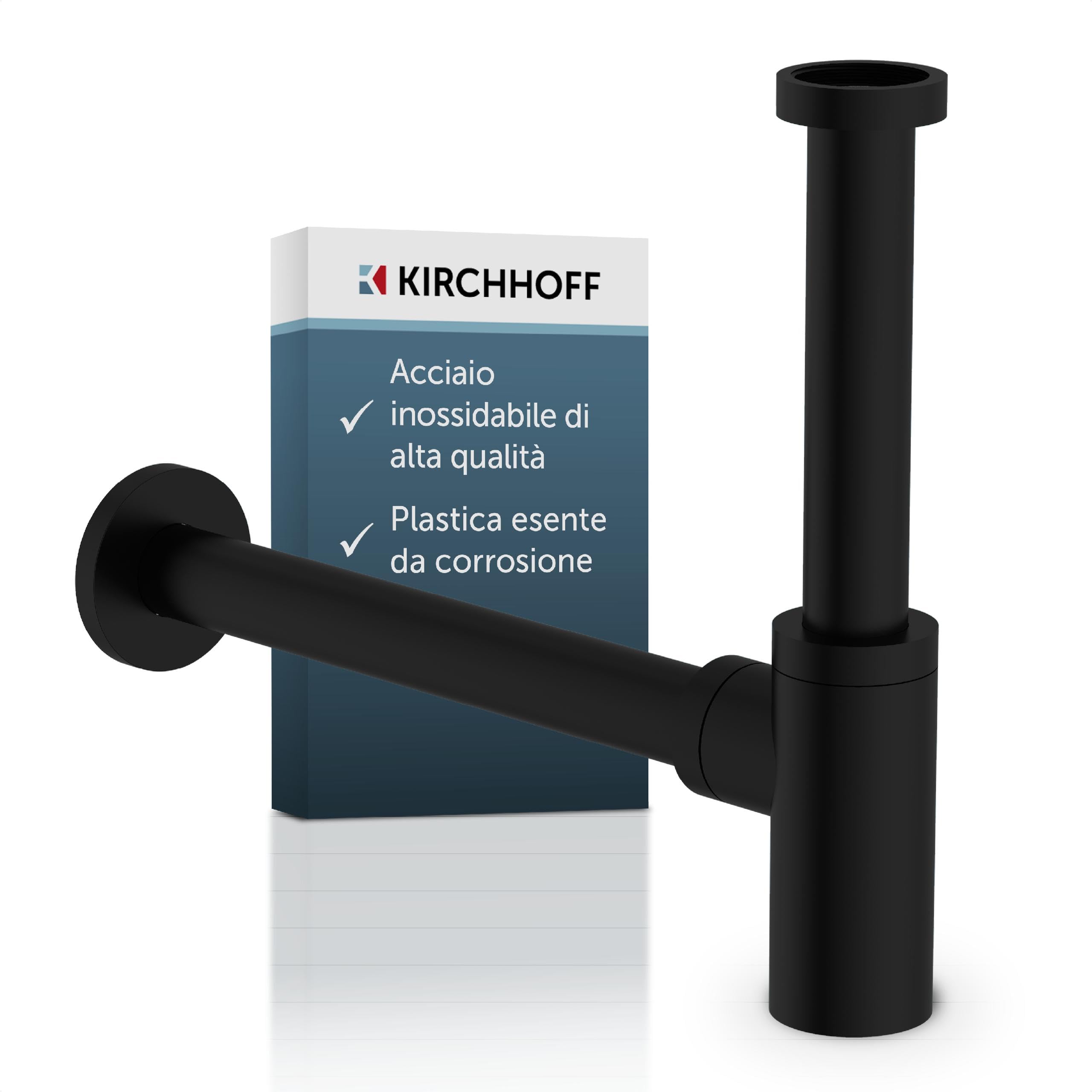Kirchhoff Sifone di design, sifone per lavabo, in plastica anticorrosione, sifone per lavabo e lavandino, sifone con apertura di pulizia, 98803828, nero