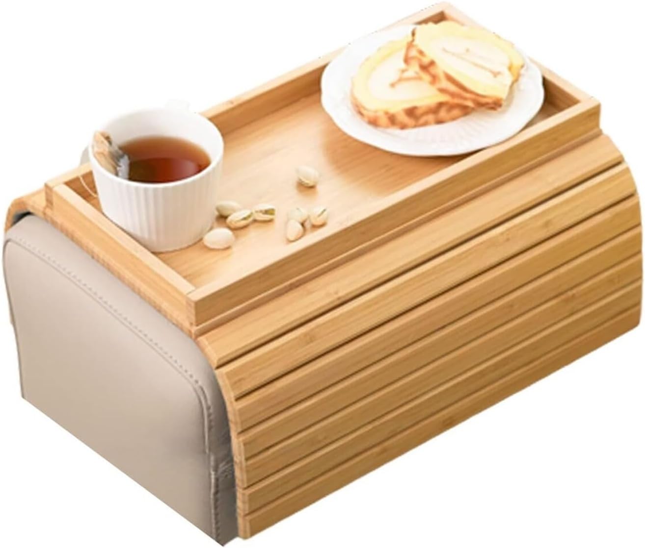 Foldable Bamboo Couch Arm Tray with Cup Holder, Adjustable Non-Slip Sofa Armrest Table for Drinks, Snacks, Phone, Remote, Space-Saving