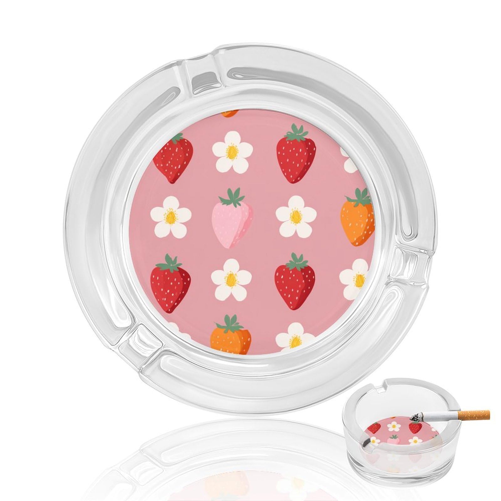 Rows of Strawberries And White Flowers Glass Ashtray for Cigarettes Portable Decorative Ash Trays for Home Office Decor