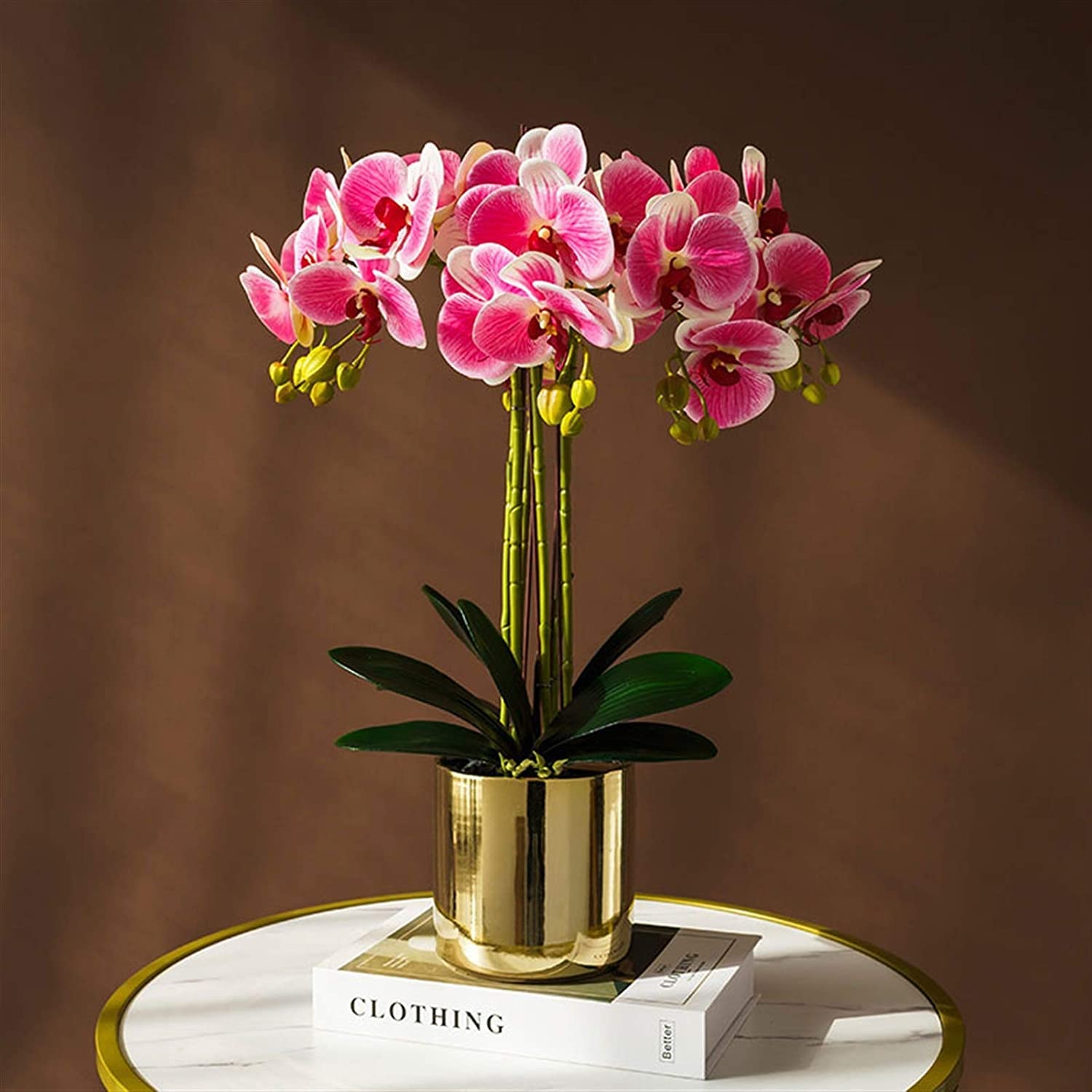 XDLEDMKIZ Orchid Artificial Flowers Artificial Orchid Faux Arrangement with Gold Vase Artificial Phalaenopsis Flowers Silk Faux Orchids Bonsai for Table Decorate natural