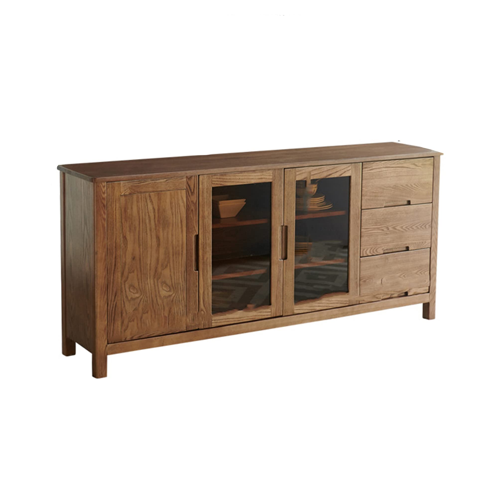 QINJIE Modern Solid Wood Buffet-Sideboard, Kitchen Buffet Storage Cabinet Televison Tables, with 1 Glass Cabinet, 3 Drawers, 1 Cabine