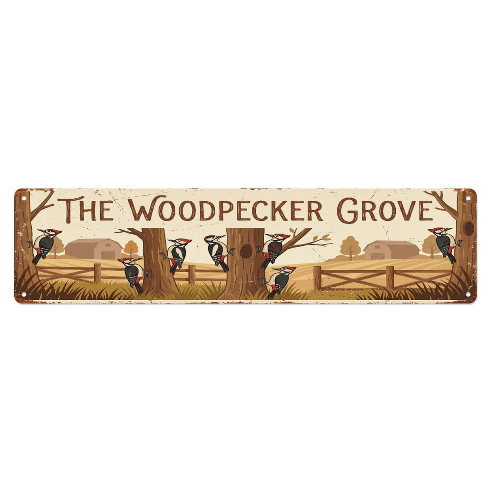 Metal Tin Sign Vintage Woodpecker Farm Scene THE WOODPECKER GROVE
