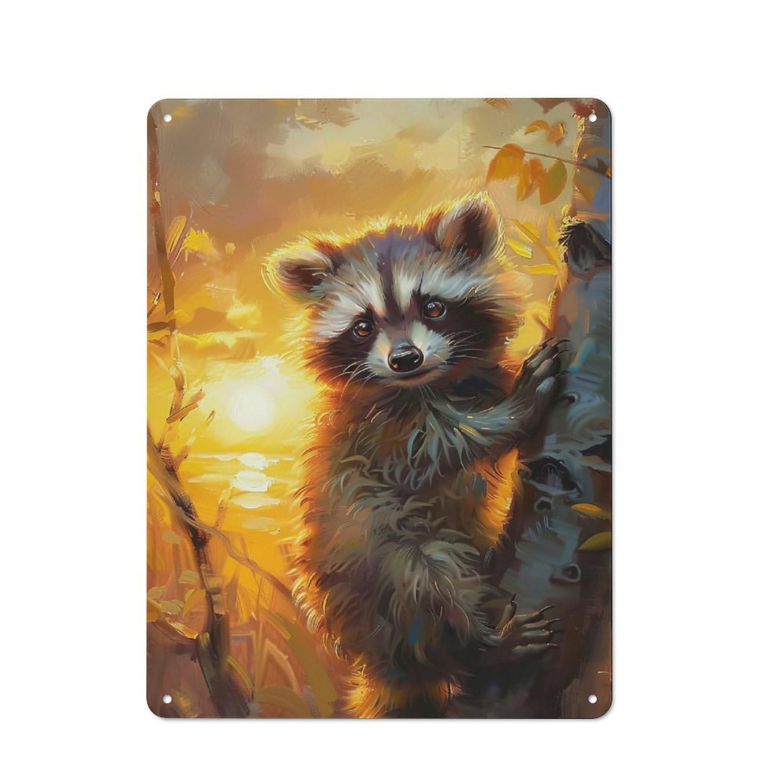 Junmoney Style-11 Sunrise Raccoon Barn Style Metal Wall Decor 40X30cm, Country Metal Sign For Kitchen, Cottage, Porch Or Garden Room