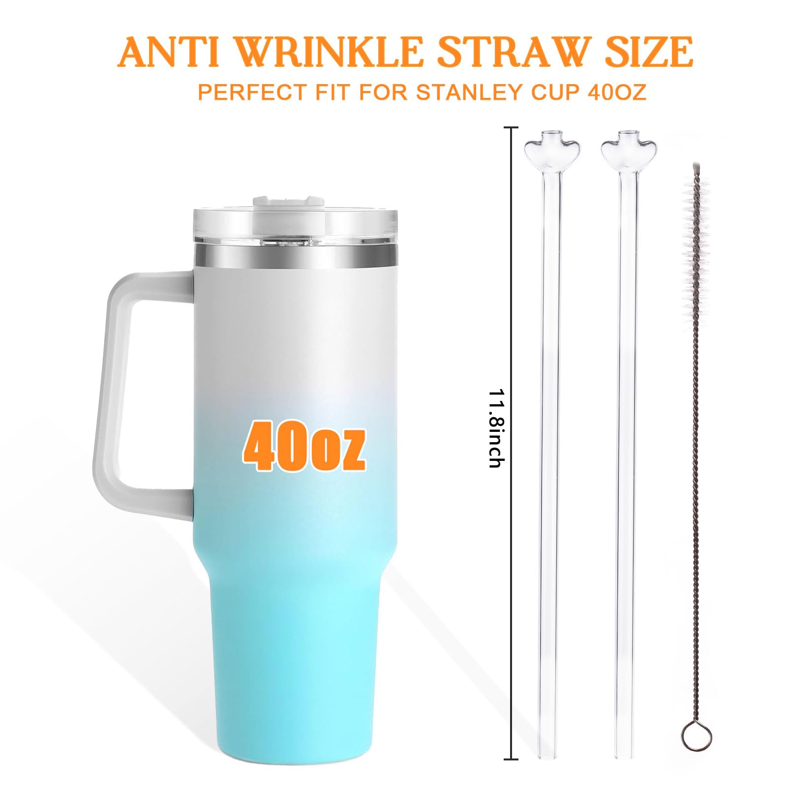 BUSOHA Anti Wrinkle Straw 2pcs, Reusable Glass Straw for Stanley Cup