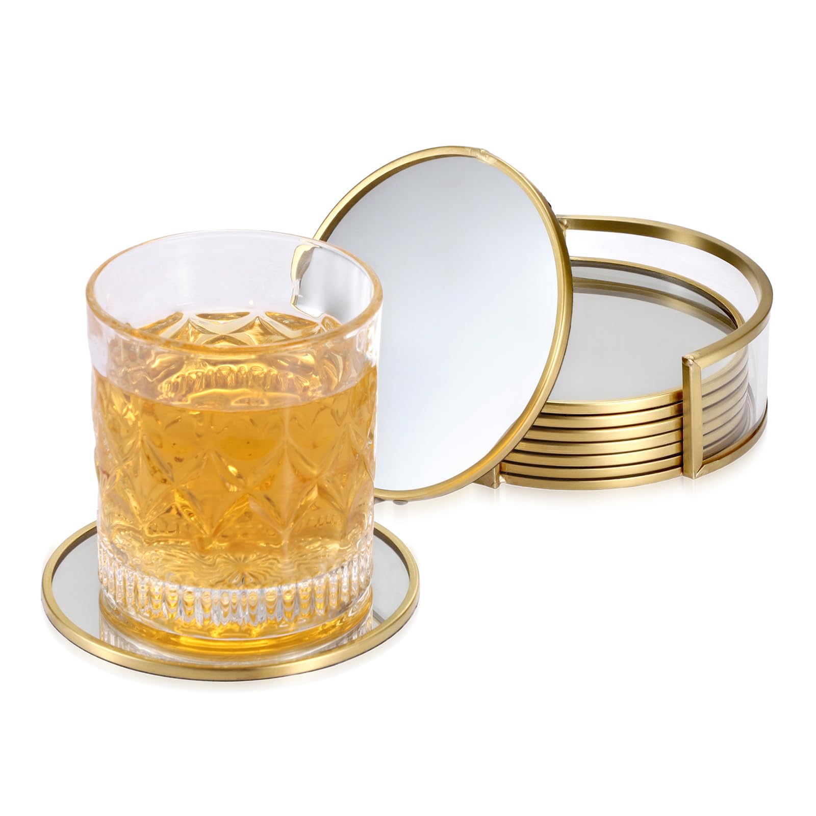 BTSKY 8pcs Mirrored Glass Gold Drink Coasters with Fannel Pad - 10 * 10cm Round Coaster with Fannel Bottom, Beverages Coasters Cup Glass Mat with Organizer Stand