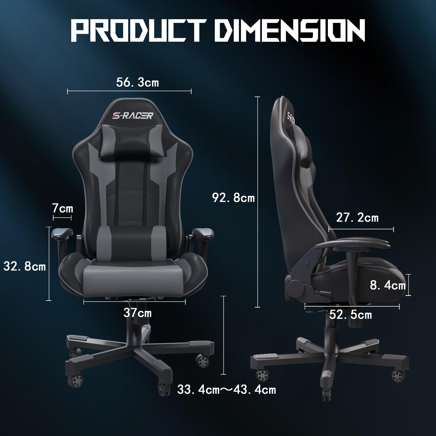 JUMMICO Ergonomiczne krzesło gamingowe, z podparciem okolic lędźwiowych, do komputera, z regulacją wysokości, obciążenie 150 kg, kolor szary