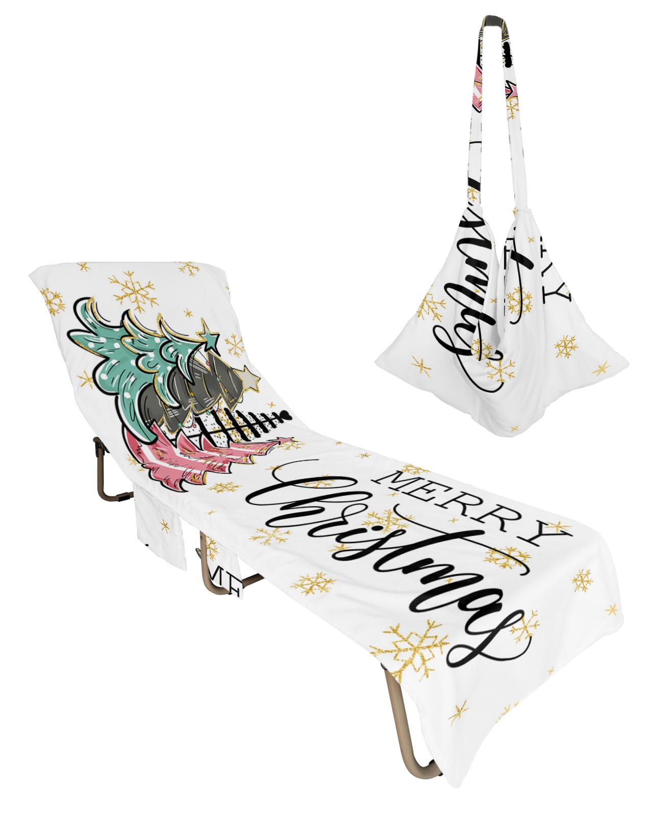 Gold Christmas Tree Beach Chair Towel Covers for Chaise Lounge with Side Pocket, Soft Plush Pool Towels Cover for Patio Sunbathing Outdoor 29''x85'' Winter Snowflake Pink Green