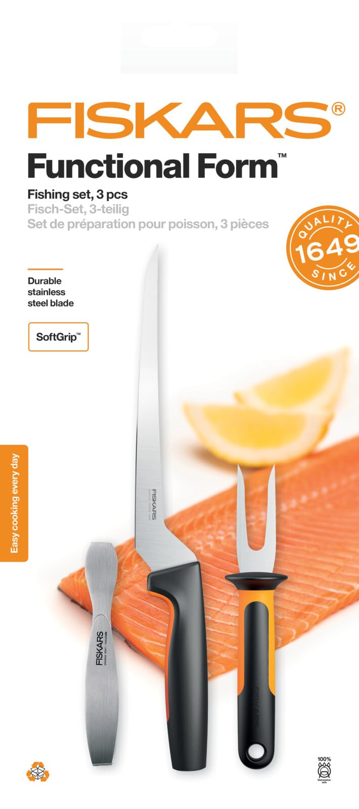 Fiskars Fischbearbeitungs-Set, Functional Form, Inklusive Filetiermesser, Fischspieß und Fischgrätenpinzette, Japanischer Edelstahl/Kunststoff, 1057560