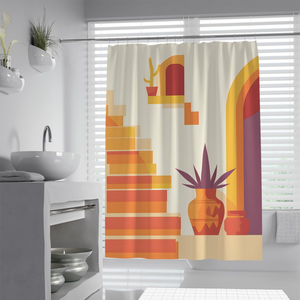 UIRINGART Boho Shower Curtain W120xL180cm Mid Century Modern Yellow Orange Stairs Plant Pot Arch Bath Curtains Anti Mould Washable Fabric Bathroom Tub Divider