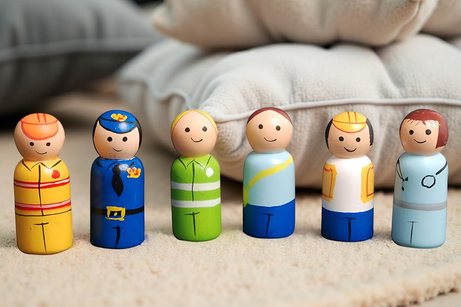 Wood Peg Dolls Essential Workers Pretend Play Figurines - Colorful Diverse Wooden Toys for Kids & Toddlers (2 Years+) - Pack of 6 pcs - Open Ended Toys