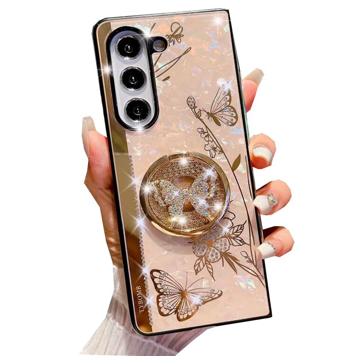 Changjia for Samsung Galaxy Z Fold 5 Case Kickstand Case,Cute Rhinestones Diamond Butterfly with Ring Stand Glitter Bling Marble Shell Shockproof