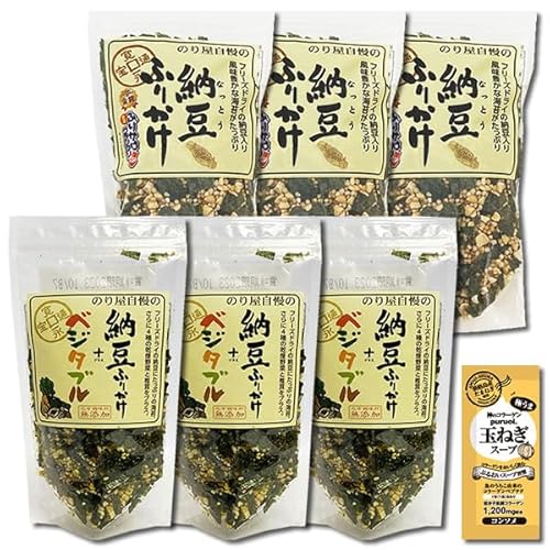 納豆ふりかけ&納豆ふりかけ+ベジタブル 各3袋まとめ買いセット 化学調味料無添加 通宝 コラーゲン玉ねぎスープ1食付き