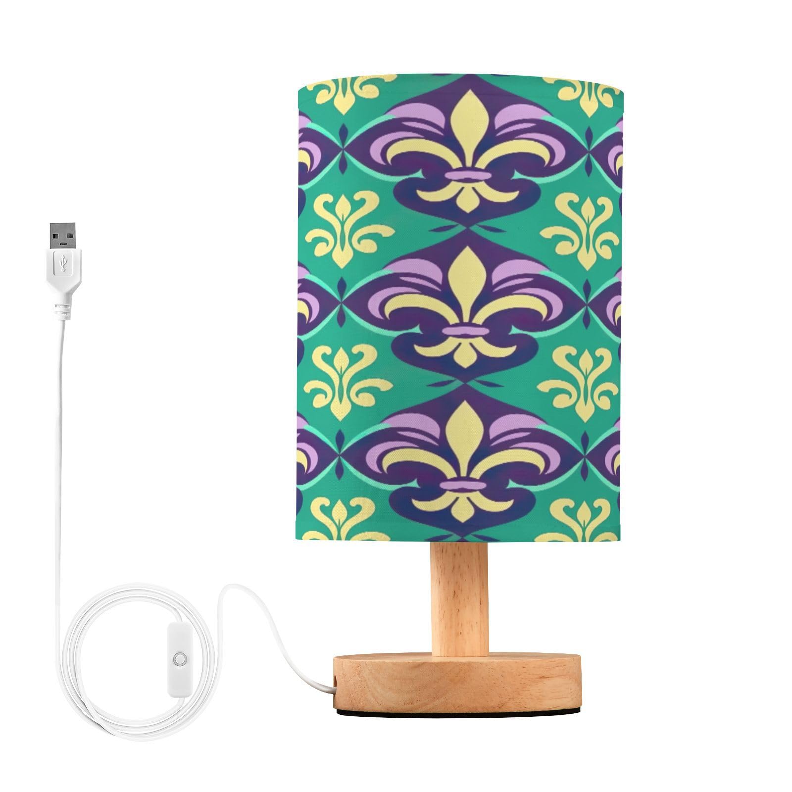 SDMKA Mardi Gras Pattern Bedside Table Lamp for Bedroom, Minimalist Nightstand Lamp with Round Fabric Shade for Living Room, Office, No Bulb Required