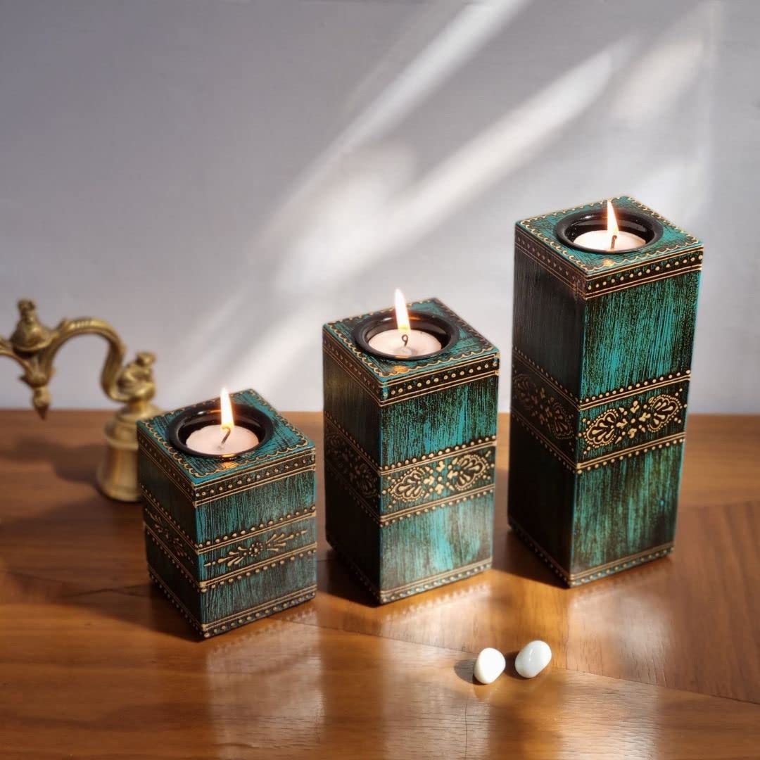 Rashi Creatives Wooden Blue T-Light/Candle Holder, T-Light Holder/Hand Painted/Golden Color/Embossed Design/Set of 3