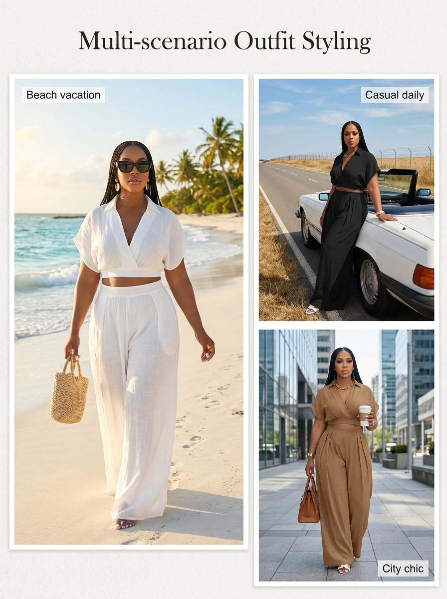 Ekaliy 2-teiliges Damen-Outfit-Set, Wickel-V-Ausschnitt, bauchfreies Top, weites Bein, Hose, Overall, lässig, passende Sets