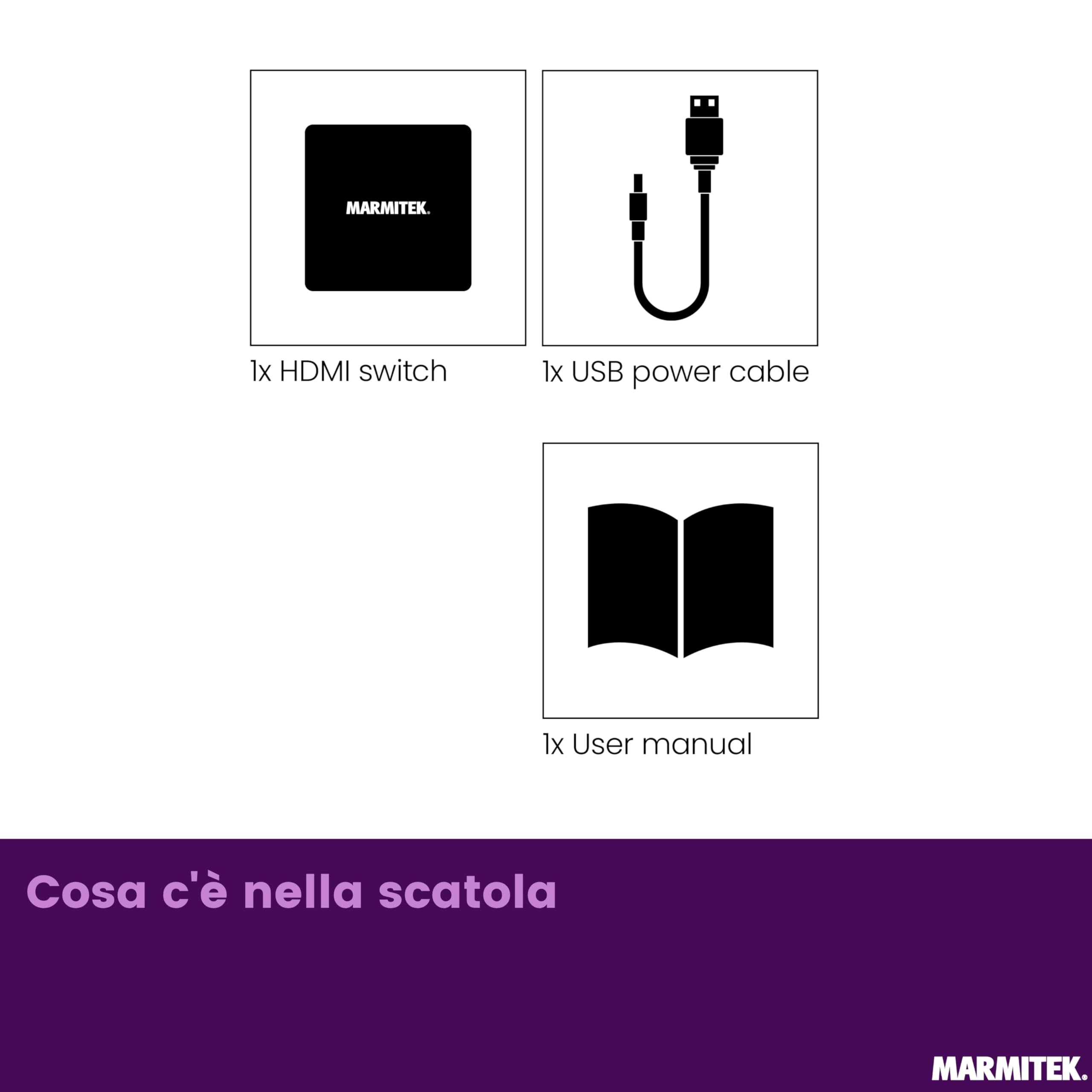 Switch HDMI 8K60 Marmitek AS28-4K120 gaming fluido - HDMI 2.1 2 ingressi 1 uscita - 48 Gbit/s VRR ALLM QMS QFT - commutazione automatica - selettore HDMI