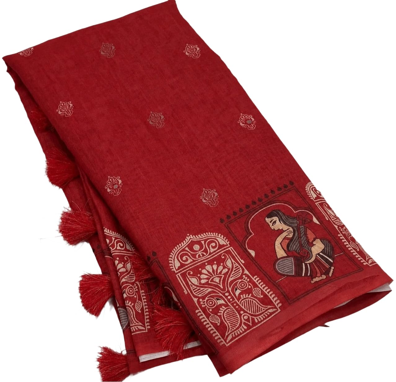 Women's Cotton Linen Saree | Red Kalamkari Print Ethnic Wear Saree with Artistic Figure Border & Blouse Piece-image-9