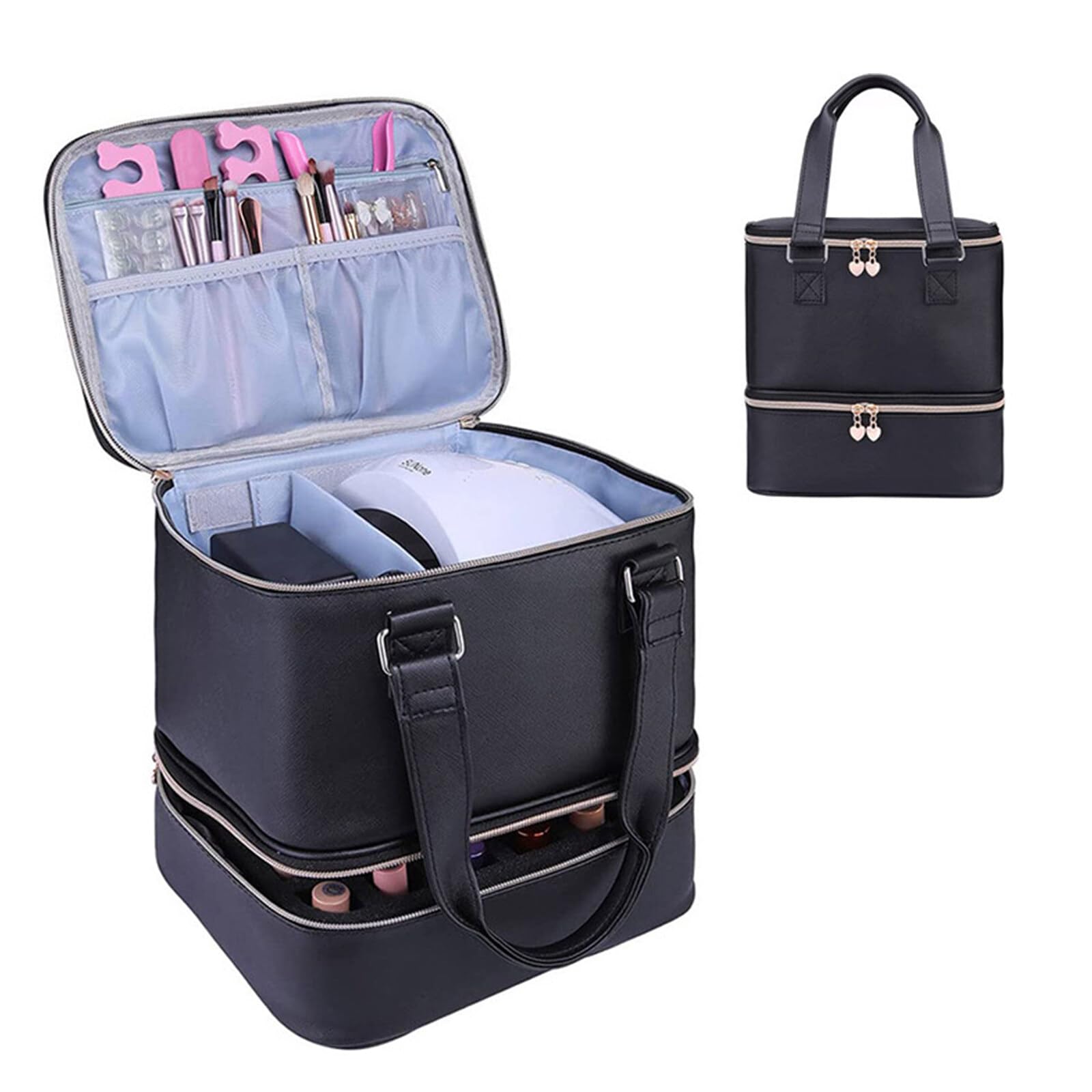 FAMKIT Oje Organizatörü, Çift Katmanlı Oje Kılıfı, 30 Şişe ve Bir Tırnak Lambası Tutar, Taşınabilir Oje Tutucu, Ayarlanabilir Bölücülerle, Tırnak Sanatı Araçları için, siyah, moda