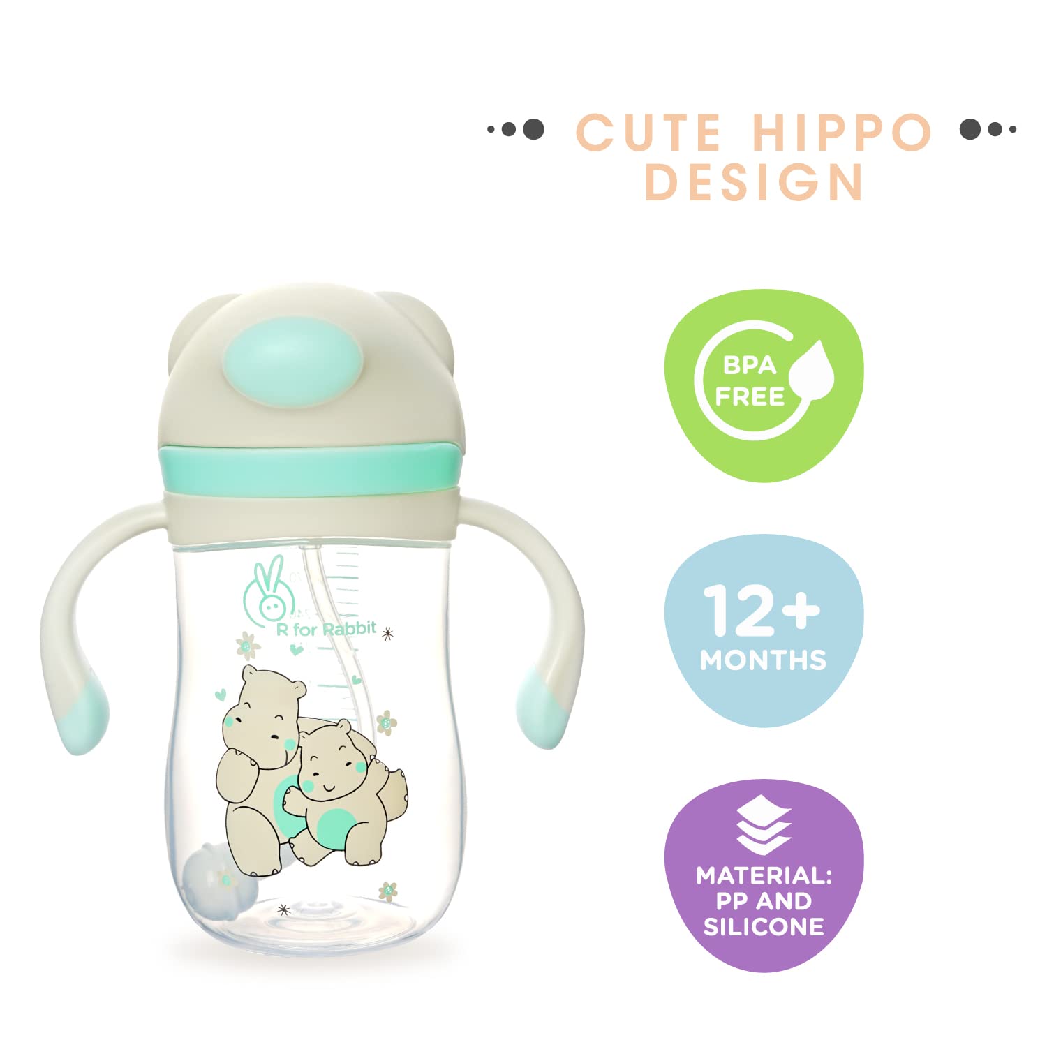 R for Rabbit Premium Hippo Baby Straw Sipper Bottle |10 fl oz | Anti Spill Sippy Cup with Soft Silicone Straw BPA Free & Non Toxic for Baby or Kids of 12 Months -(300 ml Green) - Image 7 thumbnail