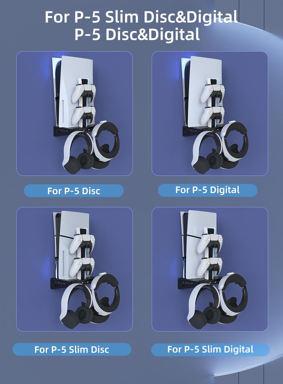 PS5/PS5 Slim/ PS5 Pro Wall Mount, Accessories Kit with Cooling Fan & Charging Station, Shelf Floating Mount for PS5/PS5 Slim/ PS5 Pro Disc & Digital Console, Behind TV Wall Bracket - Image 3