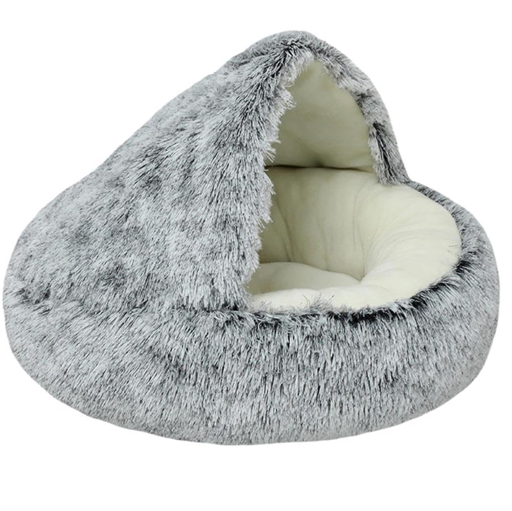 SAYEYBU Cozy Cocoon Dog Bed, Hooded Dog Beds for Small Dogs, Washable & Cute Nest Beds with Non-Slip Bottom, Plush Burrow Cave for Small Medium Dogs & Cats,Gray Short Pile,80CM