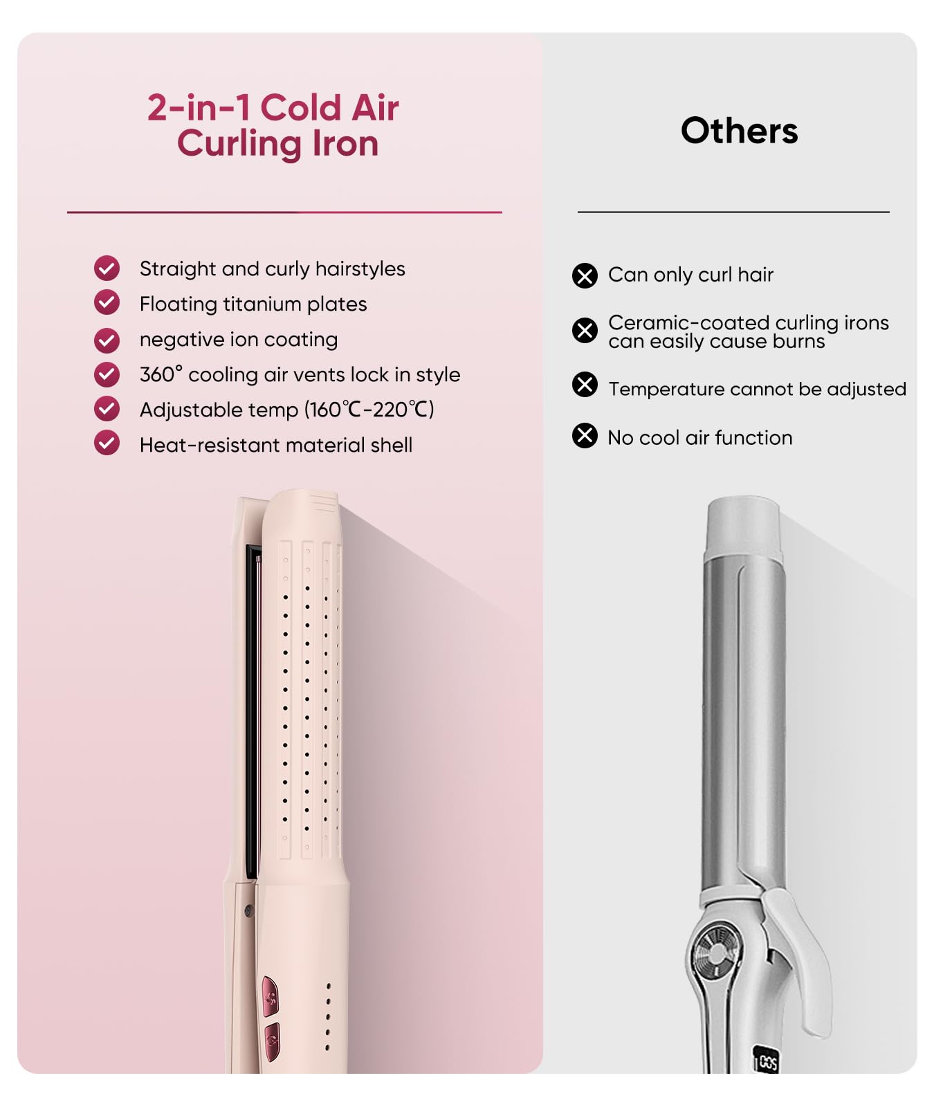 2 in 1 Glätteisen Locken und Glätten,Haarglätter Lockenstab,4 Temperaturstufen (160°C-220°C),360°Kaltluftfunktion,Negativ-Lonen-Beschichtung,für alle Haartypen,Stärkeres Haar,Mehr Glanz