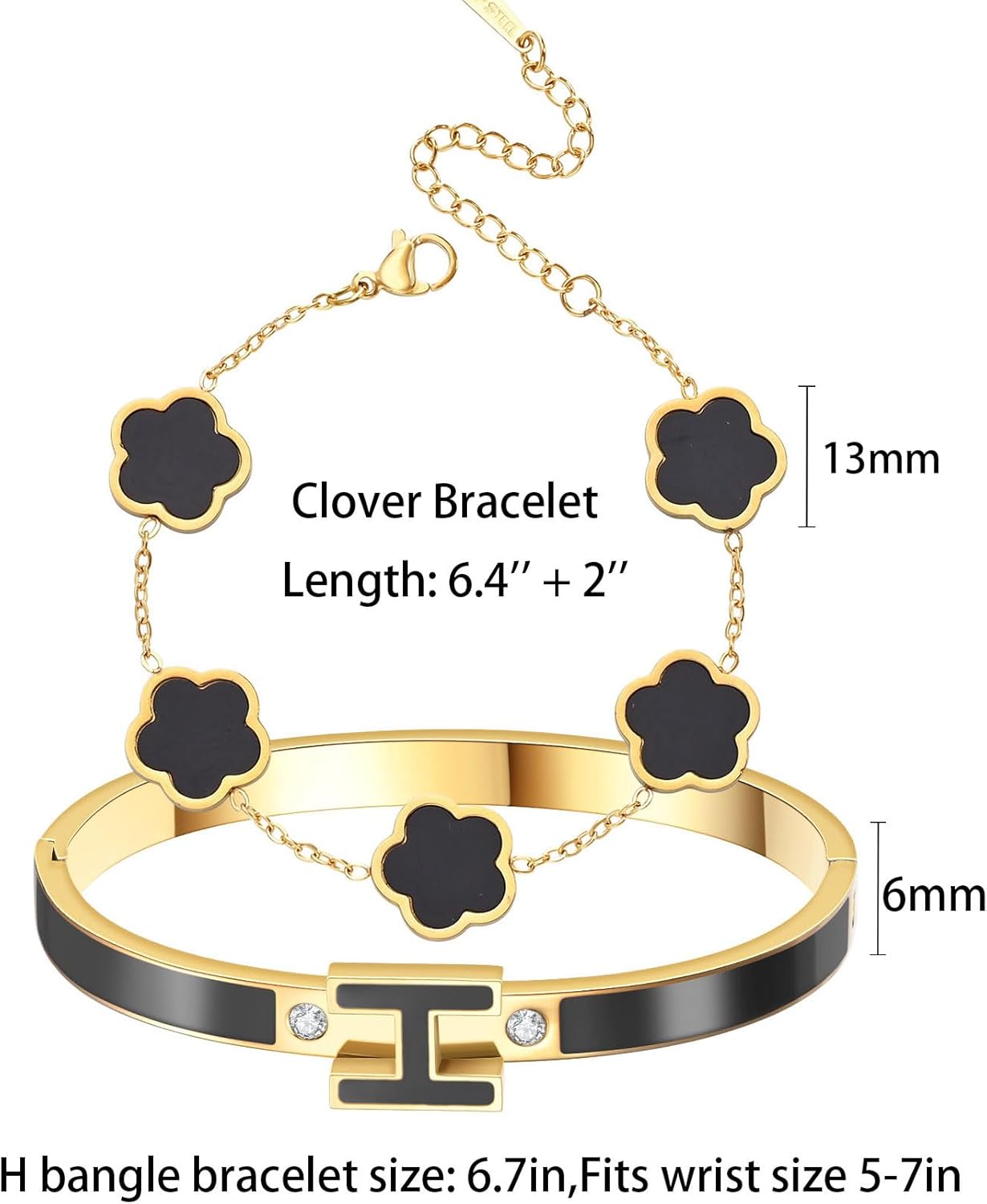 H Bangle & Clover Bracelet for Women - Stainless Steel Fashion Jewelry - 18K Gold Plated H Bangle and Lucky Five Leaf Clover Bracelet - Elegant Bracelets Set - Gift for Women - Image 5