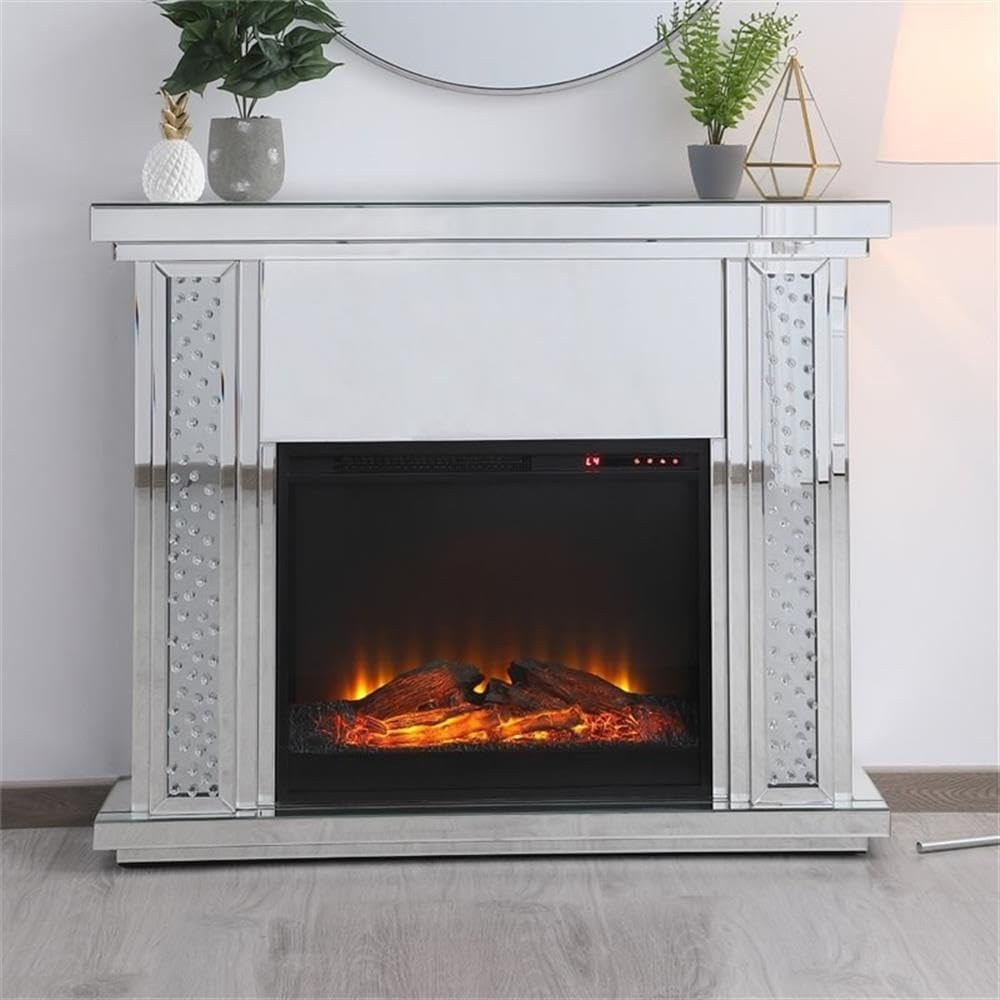 Bowery Hill 47.5" Mirrored Faux Log Electric Fireplace Mantle, Clear Beveled Mirror, MDF and Metal Construction, Adjustable LED Flames, Living Room Heating with Remote Control and Timer, 400 Sqft