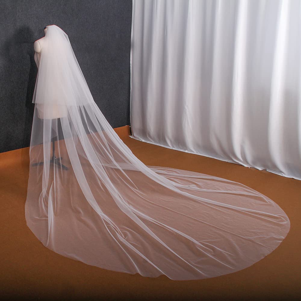 Tewax Ivory 2 Tier Minimalist Bridal Veils Simple Wedding Veil With Blusher Veil For Bride 3M*3M Long Wedding Veil 4 Meters