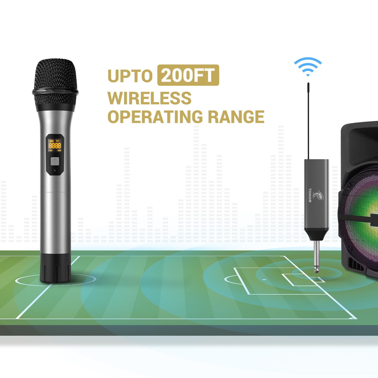 TONOR Microfono Senza Fili, UHF Sistema Wireless Microfonico Portatile in Metallo Cordless con Ricevitore Ricaricabile, Uscita 1/4" per Amplificatore, Macchina da Karaoke, 60m, Argento, TW620
