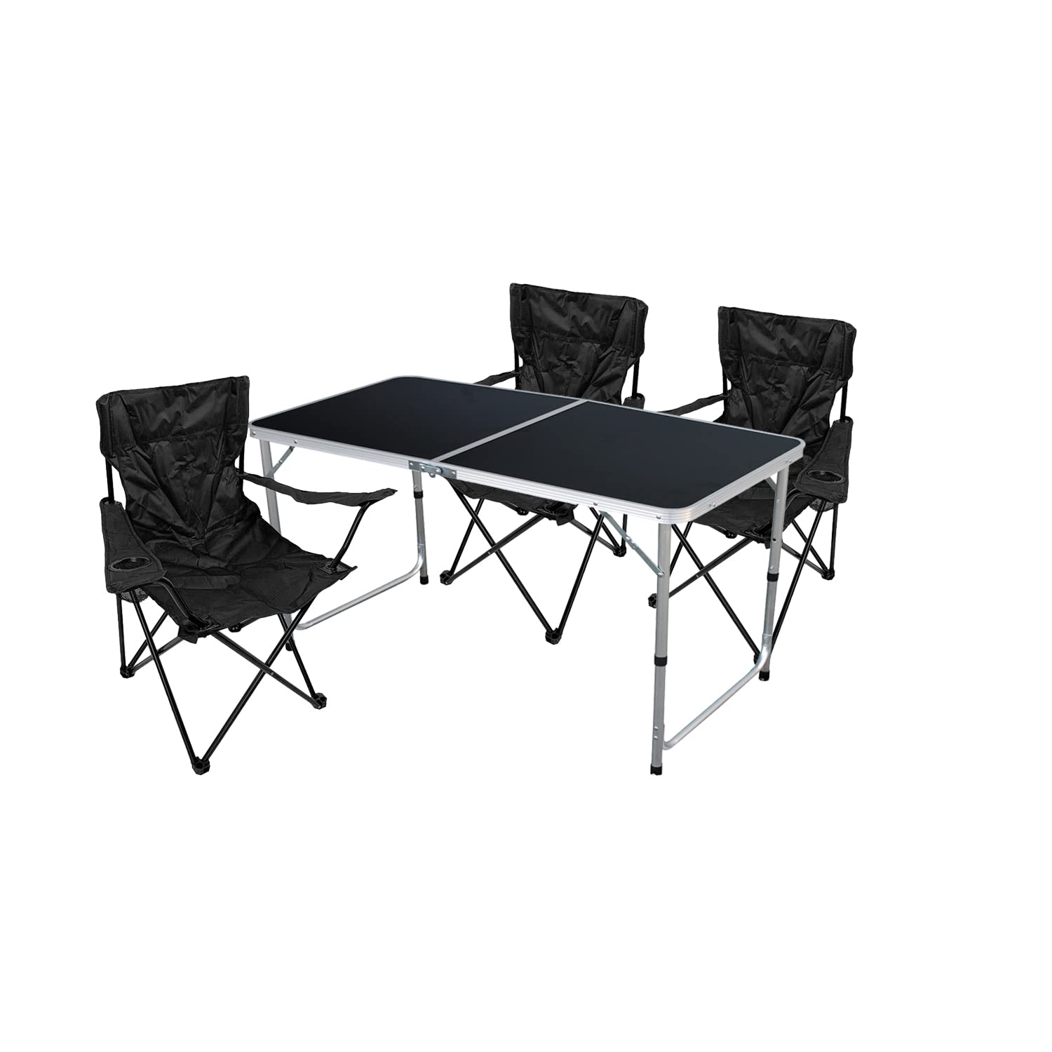 Mojawo 4tlg. Campingmöbel Set Alu B120 xT60xH58/70 cm 1x Campingtisch schwarz mit Tragegriff + 3 Anglerstühle, Faltstühle Campingstühle Schwarz