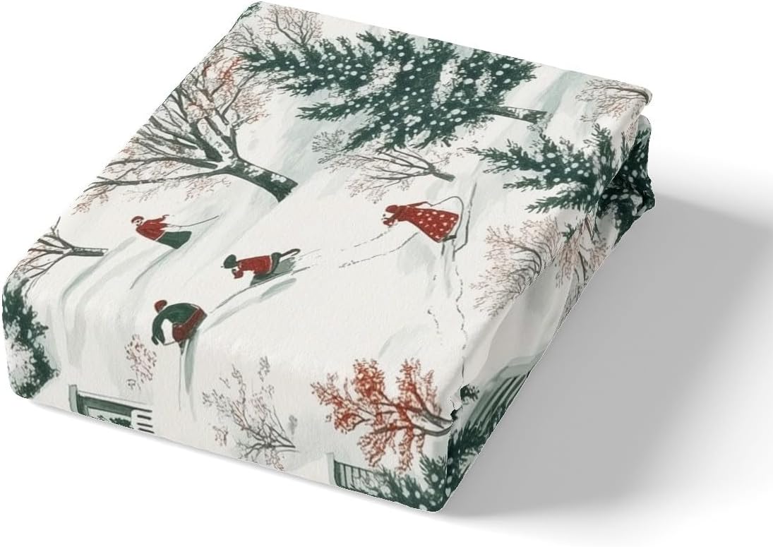 Skiing Skier Duvet Cover Set King Size,Winter Snow Pine Trees Wooden Cabin Bedding Set,Boys Girls Room Decor,Outdoor Sports Games Comforter Cover,Green White Quilt Cover,2 Pillowcases(No Comforter)