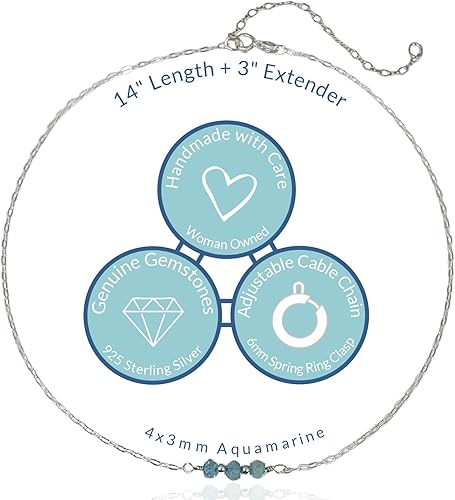 Miniatura 2 de EnCharmed Sterling Silver Aquamarine Delicate Choker, Handmade Minimal Dainty Gemstone Necklace, Adjustable Length 14-17 Inches, March Birthstone