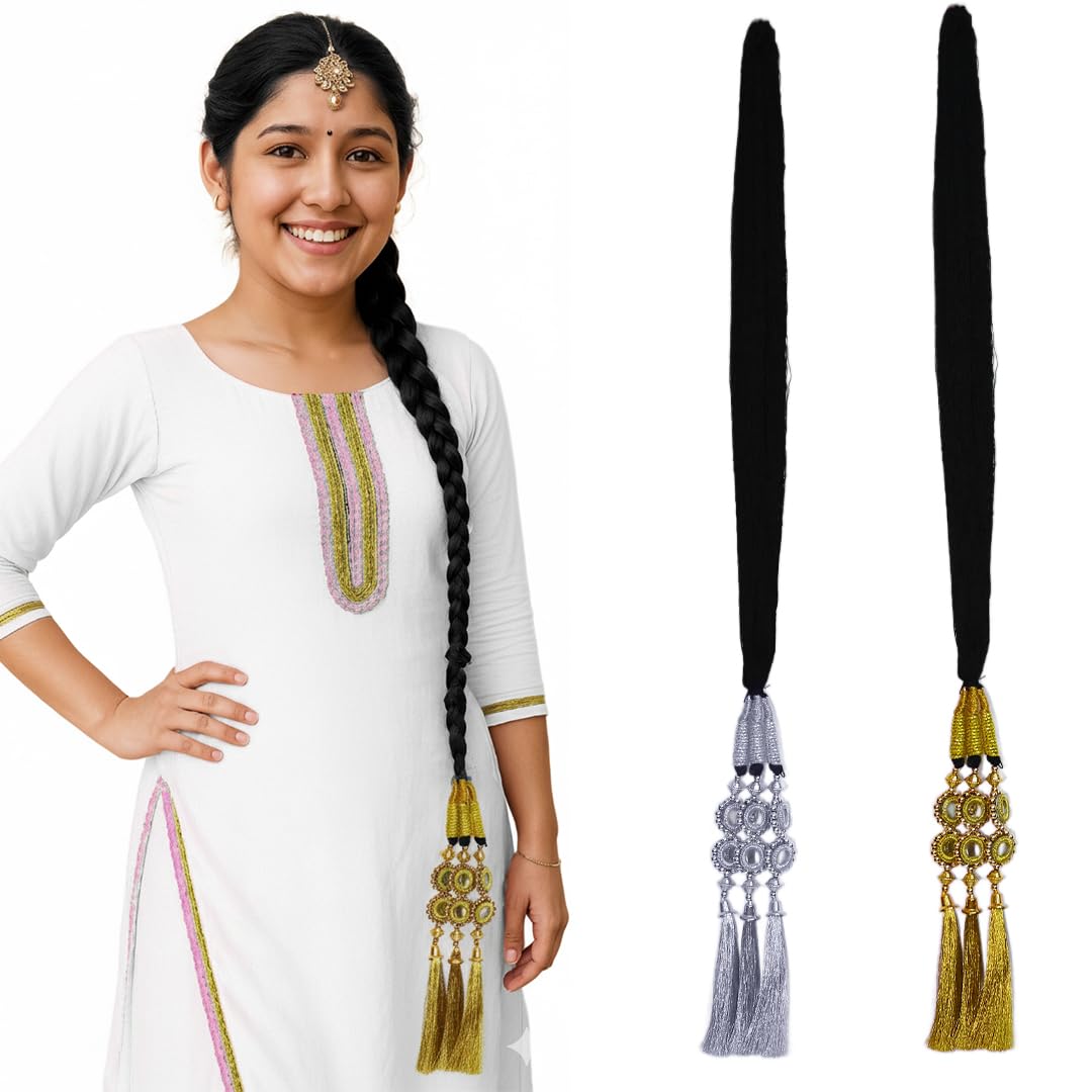 Hair Accessory Braid Tassles Hair Extension Choti Women's Patiala Shahi Paranda Parandi Traditional Parandi Gold Silver (Mirror Parandi) Pack of 2