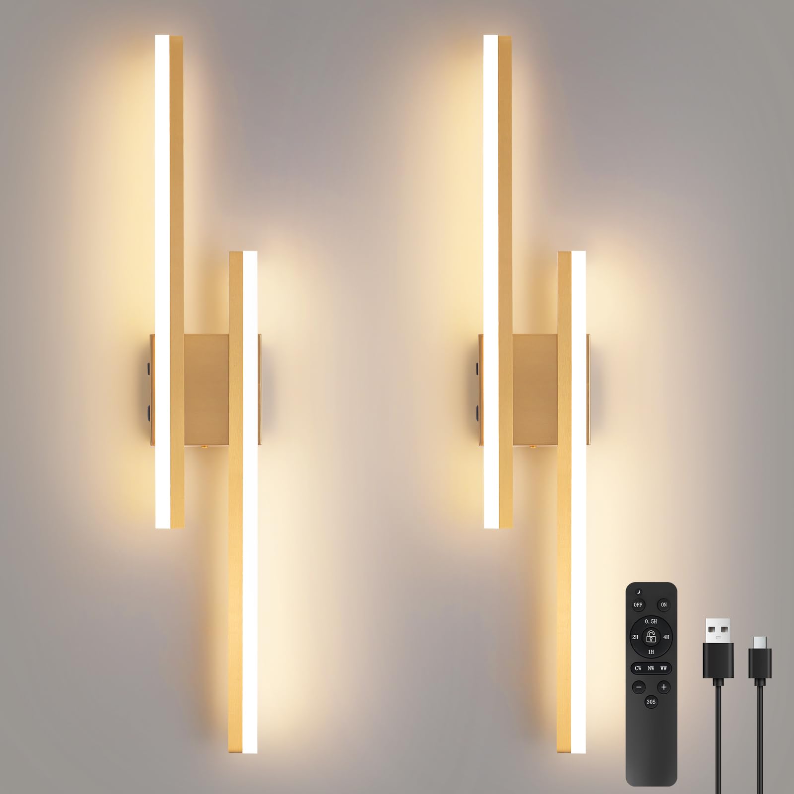 Rnzziw Modern Battery Operated Wall Sconce Set of Two,Gold Wall Light with Remote,Rechargeable LED Wall Lamp Indoor for Bathroom Living Room Bedroom