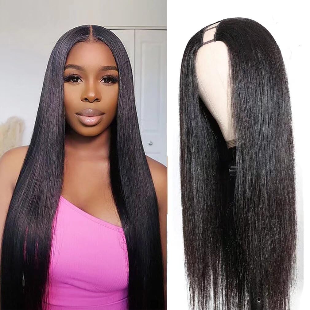 24 Inch V Part Human Hair Wig 12A Straight Human Hair Wigs For Black Women Upgrade U Part Wig Human Hair 150% density Glueless No Sew in Beginner Friendly Black Color