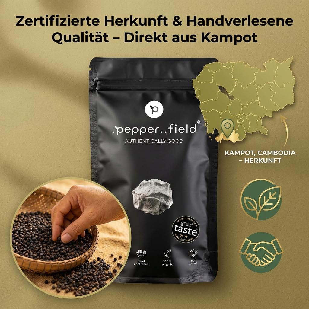 Pepper Field Kampot Pepper Black - Granos de pimienta enteros de Camboya, frescos y sabrosos, granos de pimienta enteros para moler y cocinar, excelente sabor, ideal para cocinar y asar, 250g
