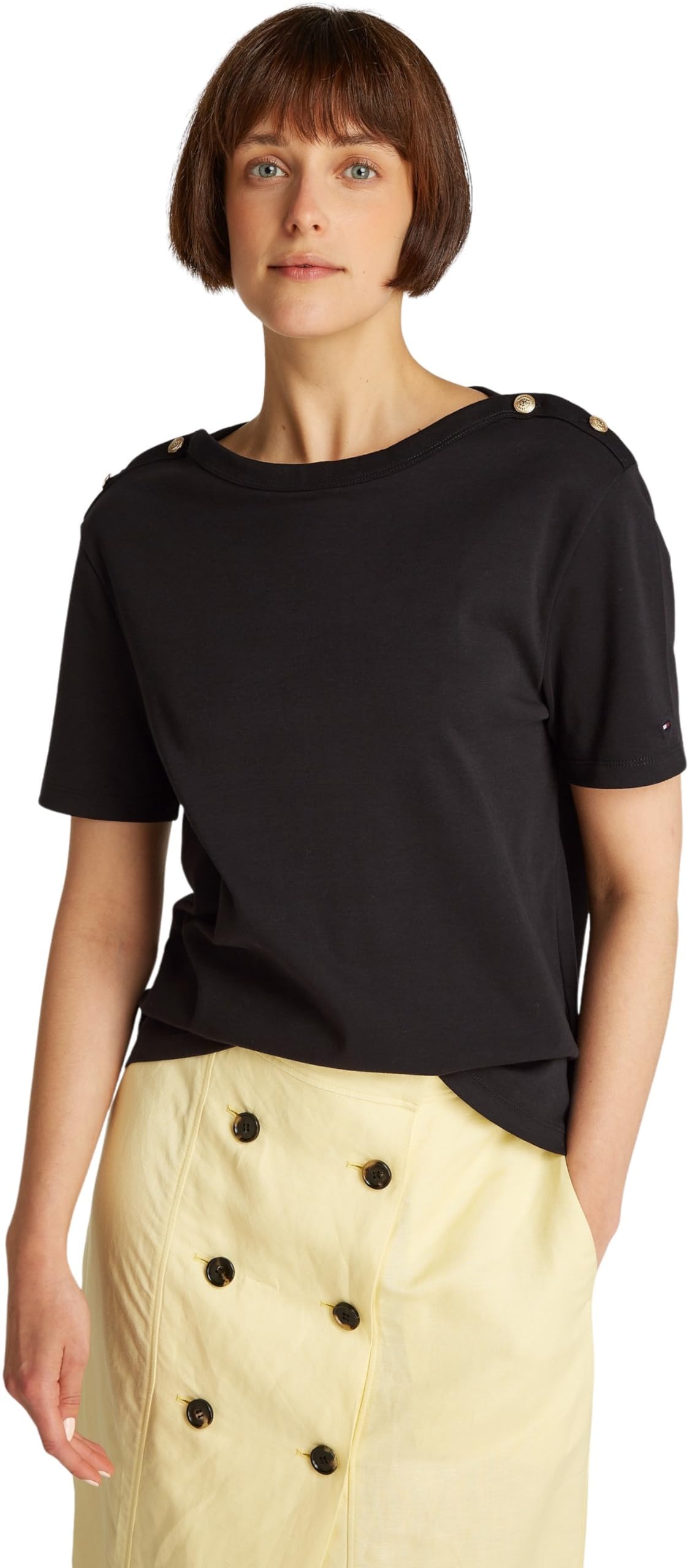 Tommy Hilfiger Damen T-Shirt Kurzarm Stripe Gold mit Knöpfen, Schwarz (Black), M