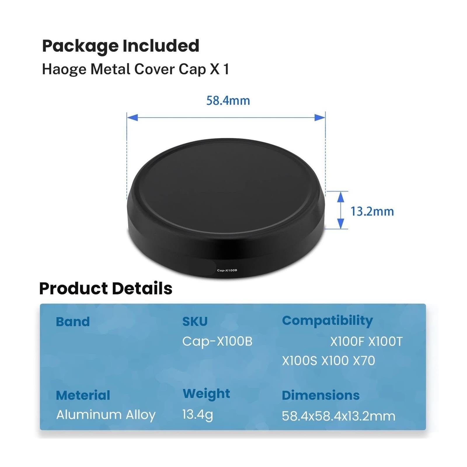 Cap-X100B Tapa de Lente de Metal Compatible con cámara Fuji X100F X100S X100T X100 X70 Negro