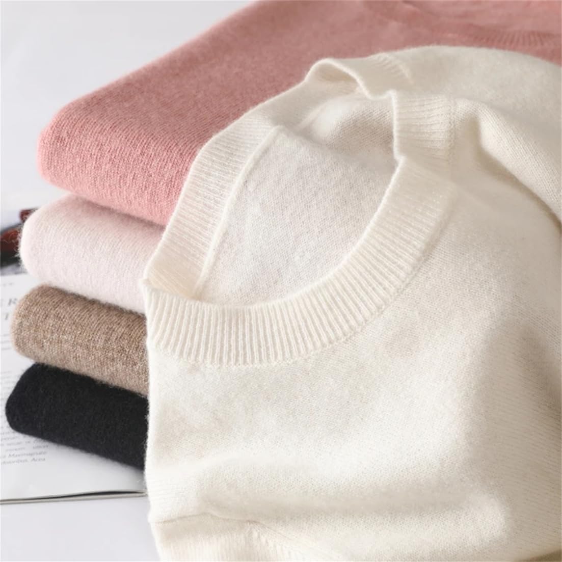 Suéter De Cachemira Liso para Mujer, Jersey Básico con Cuello Redondo, Suéter Cálido De Punto