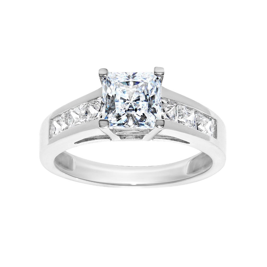 14K Solid White Gold Polished Cubic Zirconia Round Cut Wedding Engagement Ring with Side Stones